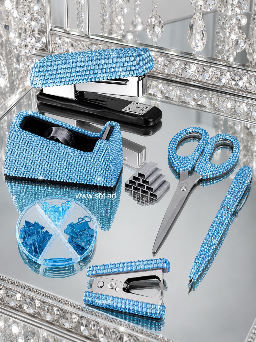 NEW Desk Accessories Set Sparkling Bling Crystal Rhinestones: Pink, Blue, Black